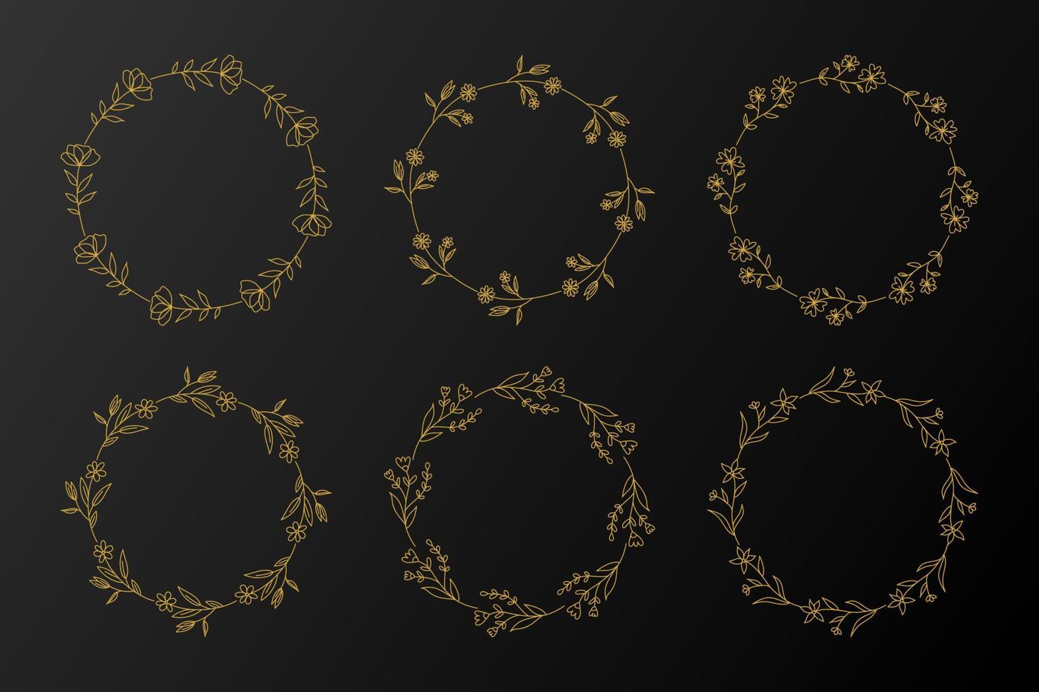 Set of 6 Hand drawn gold floral wreaths vector