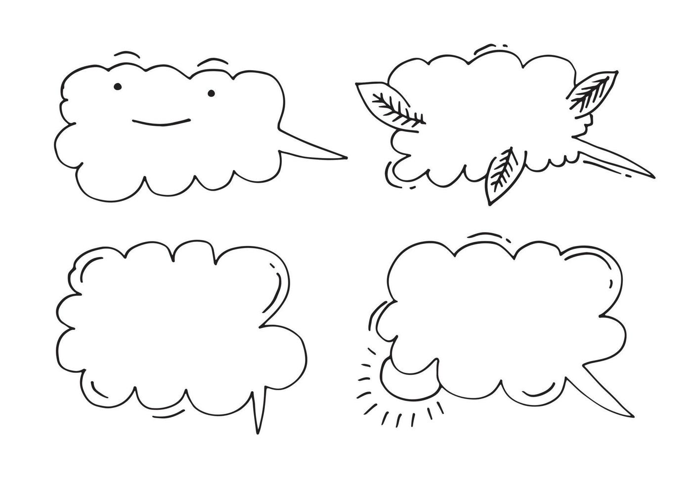Vector set of white clouds on a white background with black contours and funny faces.Kawai cloud faces.