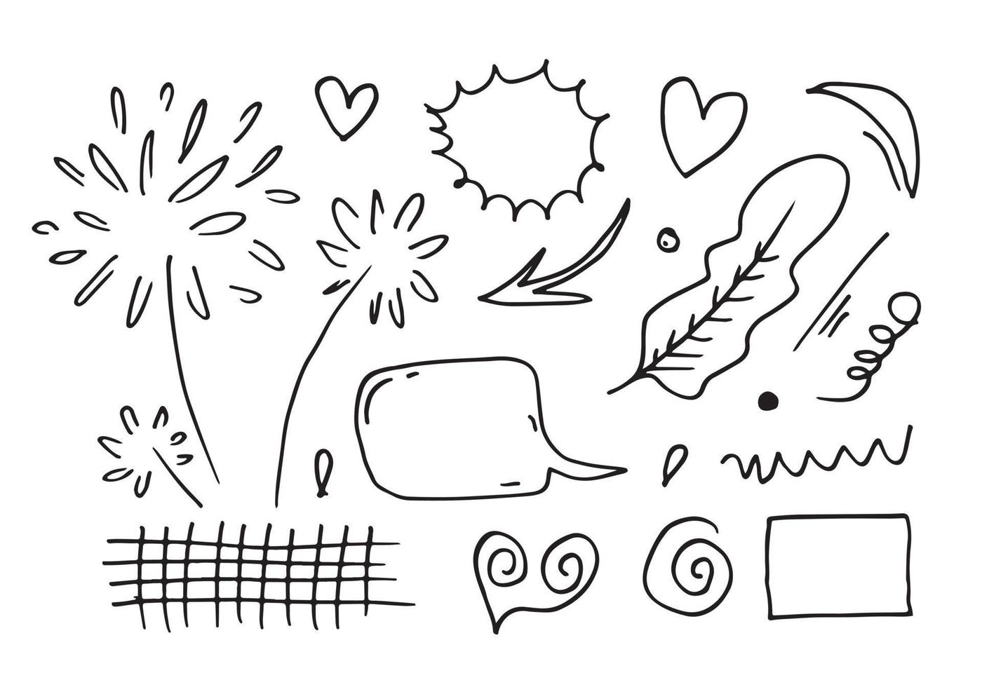 hand drawn set element,black on white background.arrow,heart,love,star,leaf,sun,light,leaf,daisy,swishes,swoops,emphasis,swirl,heart,bubble speech for concept design. vector