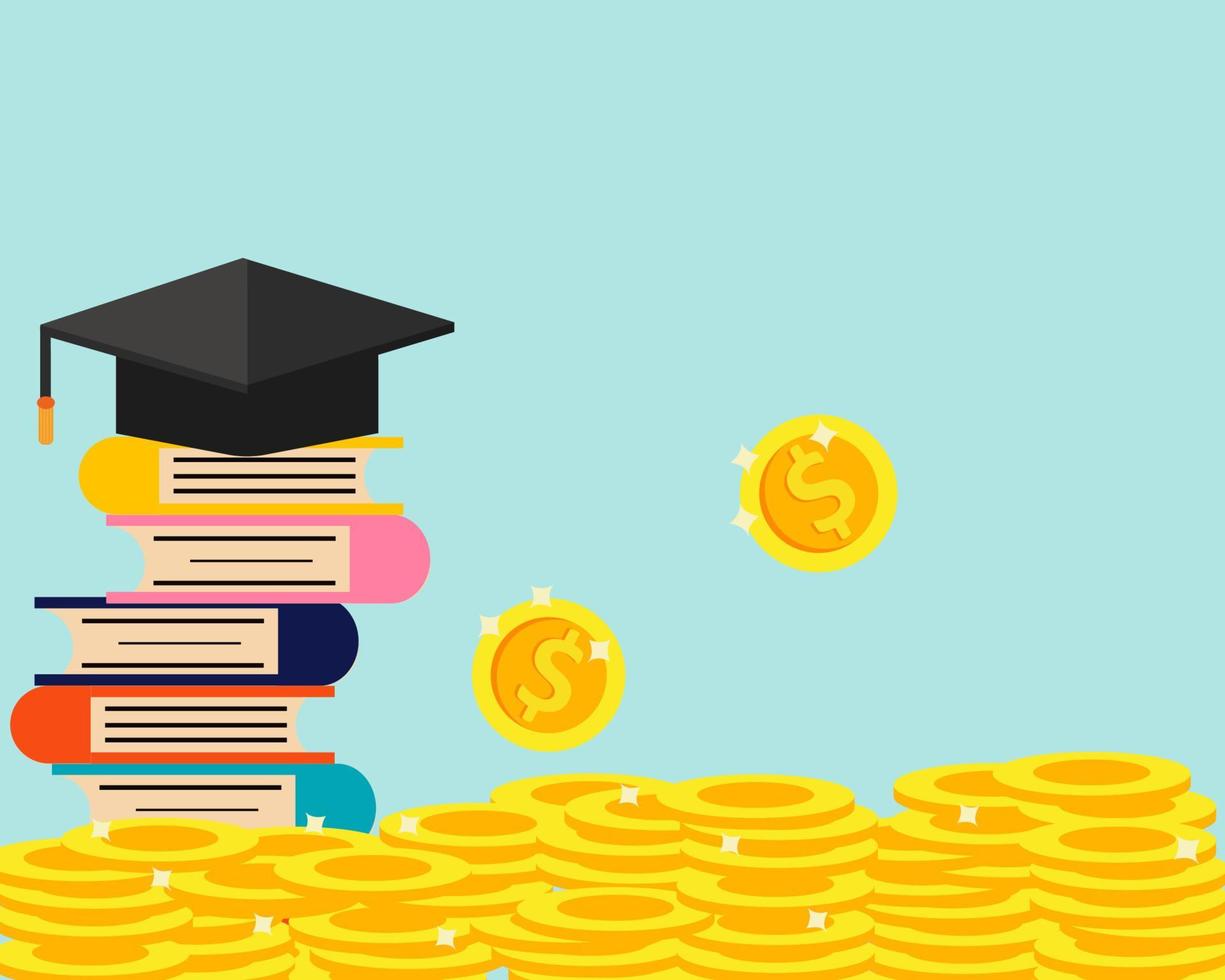Education concept in cartoon vector style. Stack of golden coins and book with graduation cap for your design
