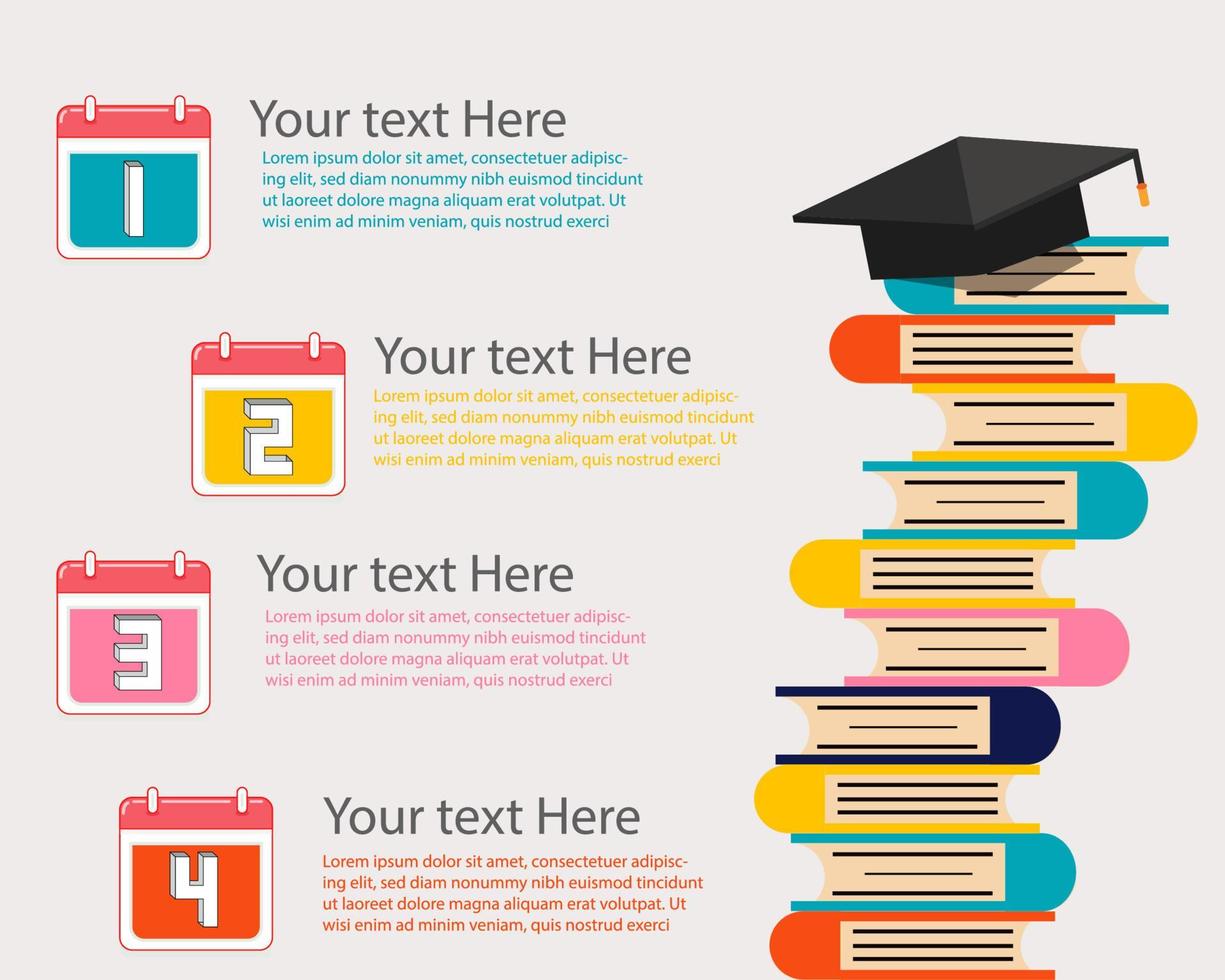 Education infographic concept There are 4 steps or timeline, many books, graduate cap for your design about exam, final and entrance. vector