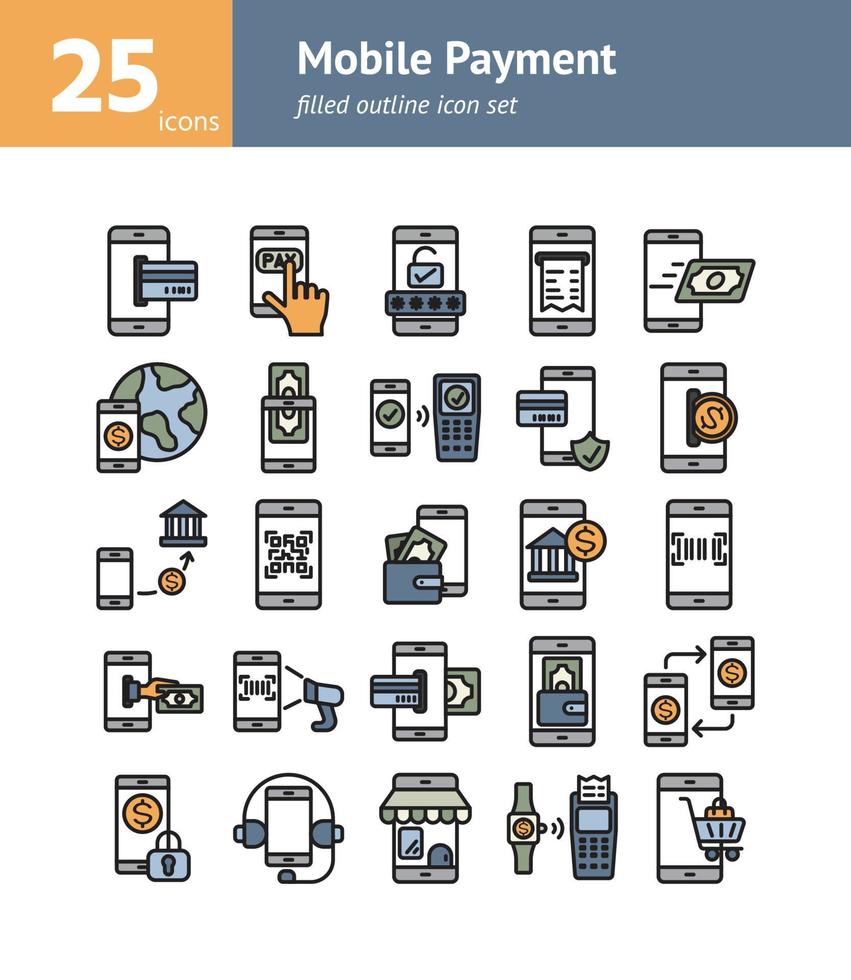 Mobile Payment filled outline icon set. vector