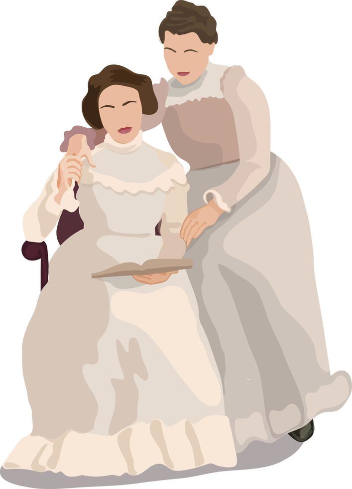 Young women reading a book, two girls in vintage dresses sitting next to each other. Friendship and study. vector