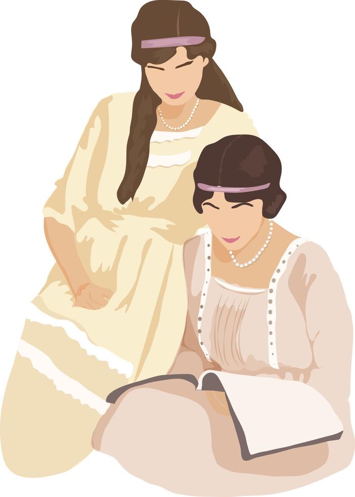 Two young women reading a book in vintage style dresses. Friends reading together. Vector illustration of girls in historical costumes, isolated on white background