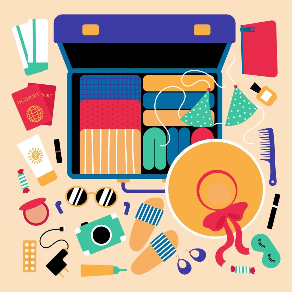 Open suitcase with things for travel.Tour of the sea.A set of objects for travel.Glasses, sunscreen, passport, tickets, clothing, swimsuit, cosmetics, jewelry, medications.Flat vector illustration