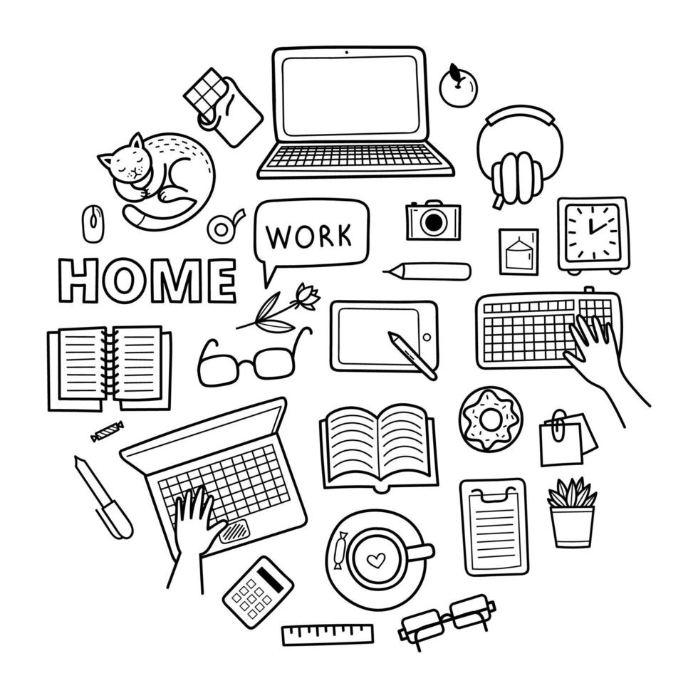 Set of cute vector hand drawn doodle elements. Work from home concept, distance learning, coronavirus epidemic prevention. Objects isolated on white background
