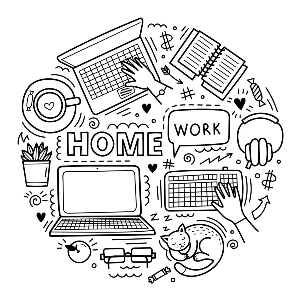 Set of cute vector hand drawn doodle elements. Work from home concept, distance learning, coronavirus epidemic prevention. Objects isolated on white background