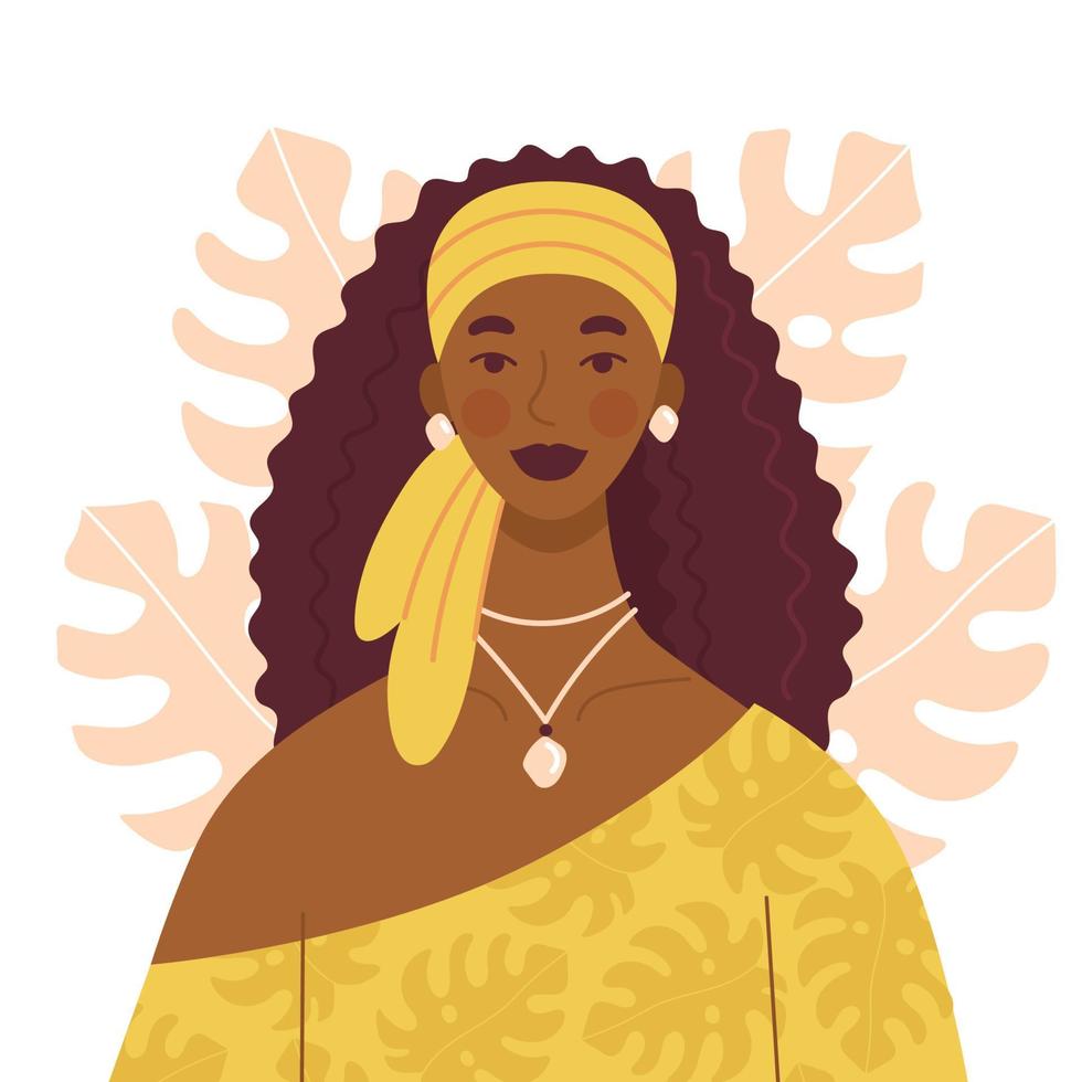 Beautiful African woman with long curly hair in a yellow dress and with a scarf on her head. A set of jewelry on the girl. Character in flat style with monstera leaves background vector