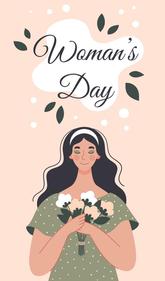 Beautiful woman with a bouquet of flowers. Postcard for women's day. illustration in flat style vector