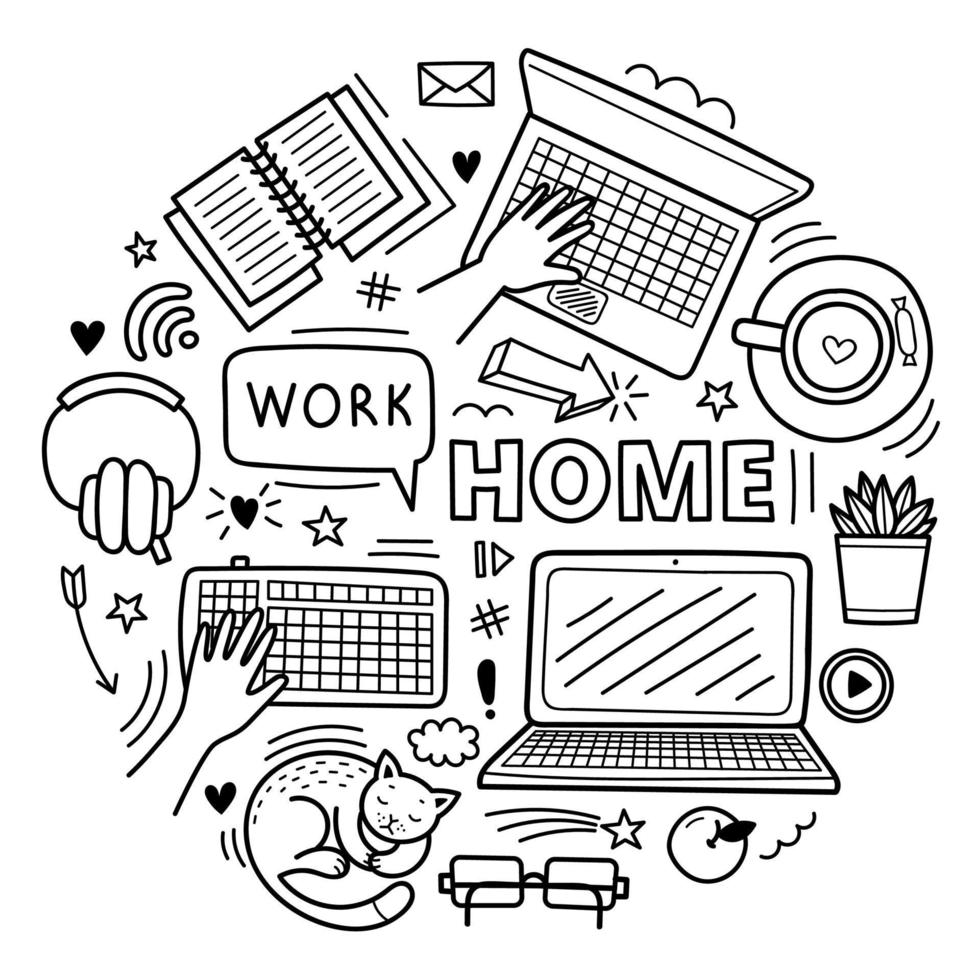 Set of cute vector hand drawn doodle elements. Work from home concept, distance learning, coronavirus epidemic prevention. Objects isolated on white background
