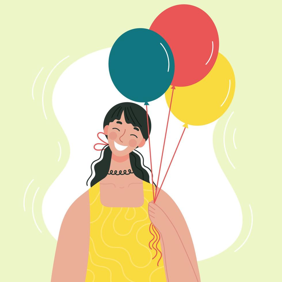 hermosa joven sonriente sosteniendo globos en la mano. el concepto de fiesta, cumpleaños, felicitaciones. personaje en estilo plano vector