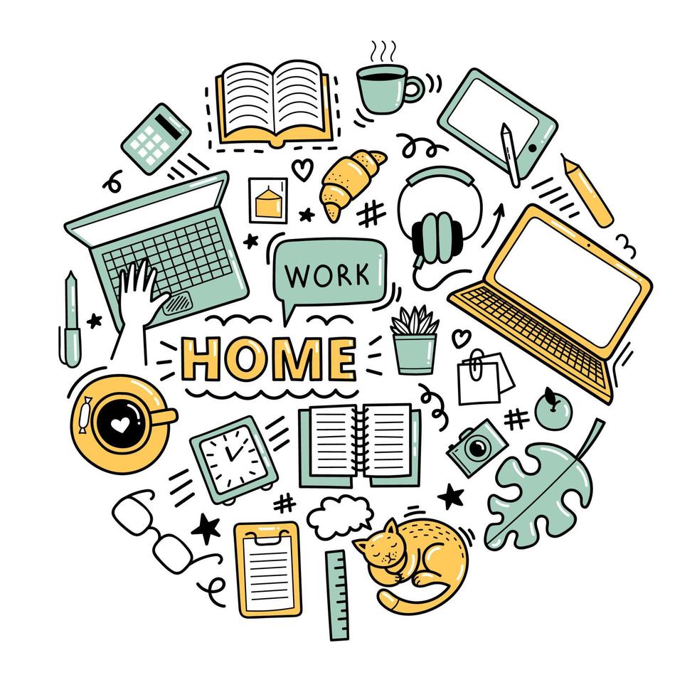 Set of cute vector hand drawn doodle elements. Work from home concept, distance learning, coronavirus epidemic prevention. Objects isolated on white background