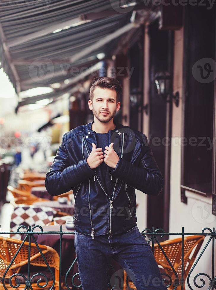 man on leather jacket photo