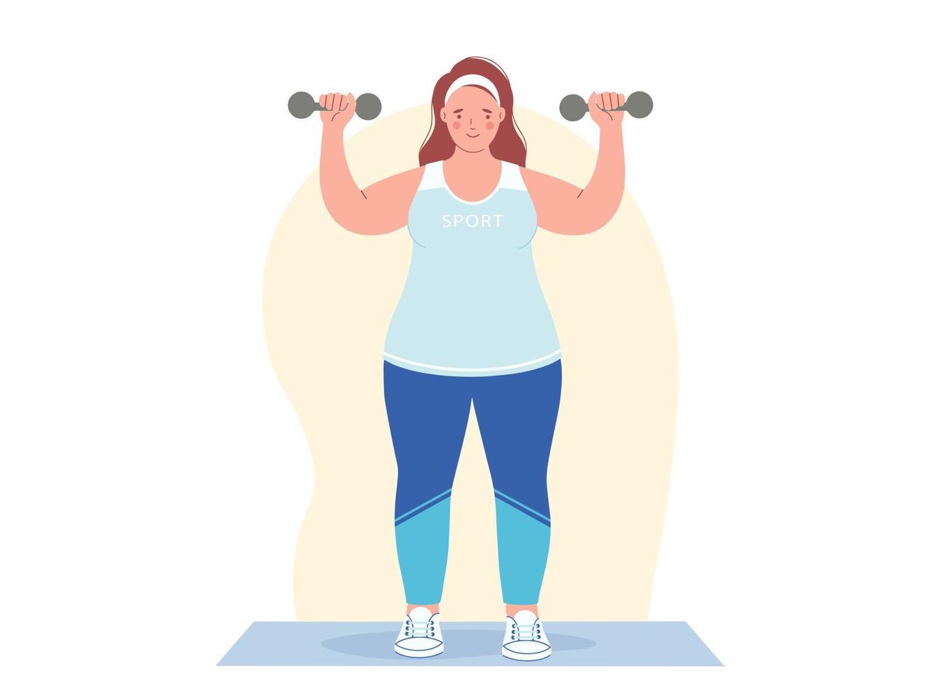 Illustration overweight fat woman with dumbbells. Concept of healthy lifestyle and sports for weight loss vector