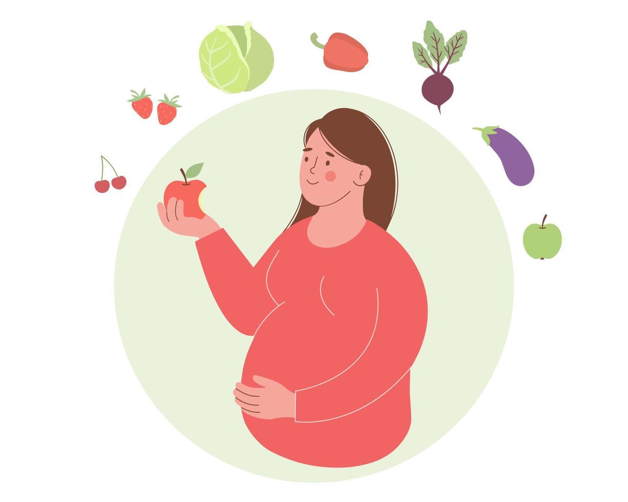 Cute pregnant woman holds red apple in her hand. Healthy food concept during pregnancy vector