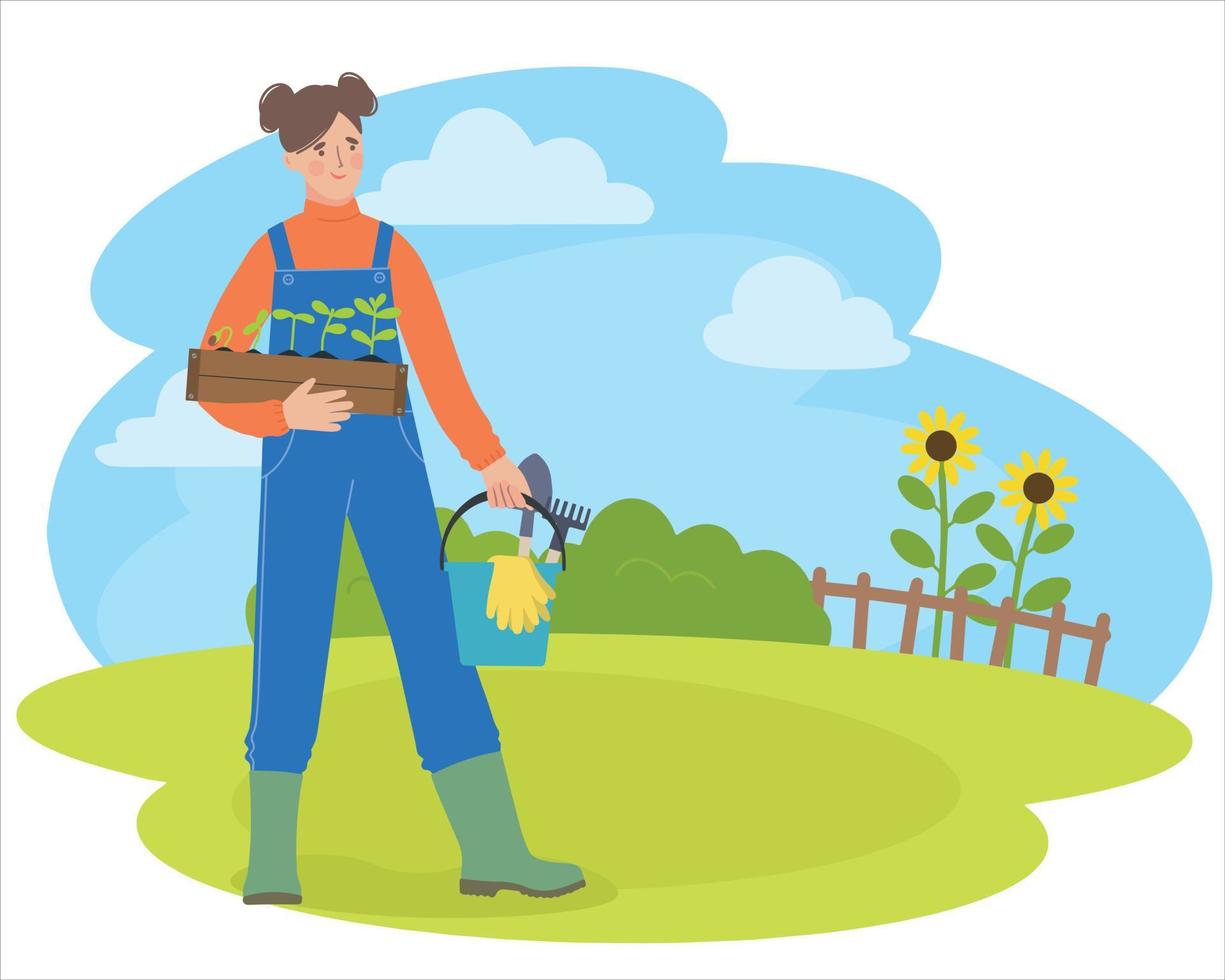 mujer joven sostiene una caja de madera con plántulas y balde. ilustración de mujer trabajando en un jardín vector