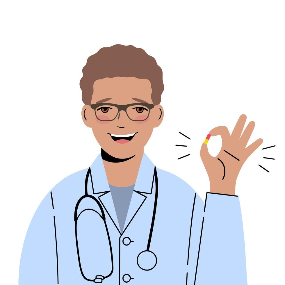 un médico sonriente con gafas sostiene una pastilla en sus manos. hace un gesto de que todo está bien. médico sugiere cura vector