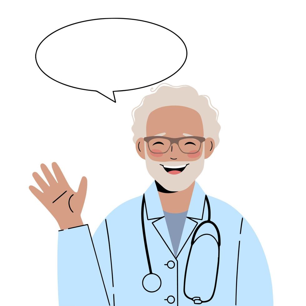 Mature doctor with glasses with a greeting gesture. Older doctor says hello vector
