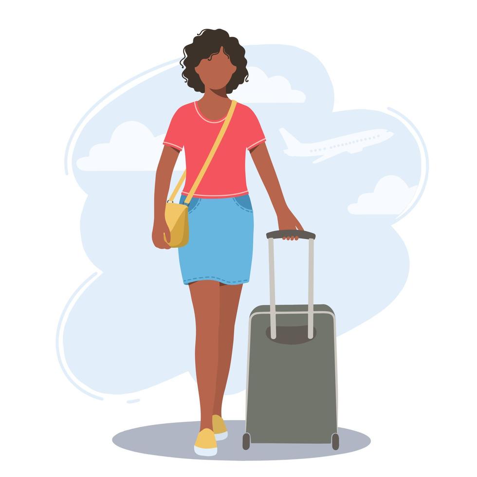 Beautiful young African-American woman with a suitcase in her hands. Concept of travel, tourism and recreation vector