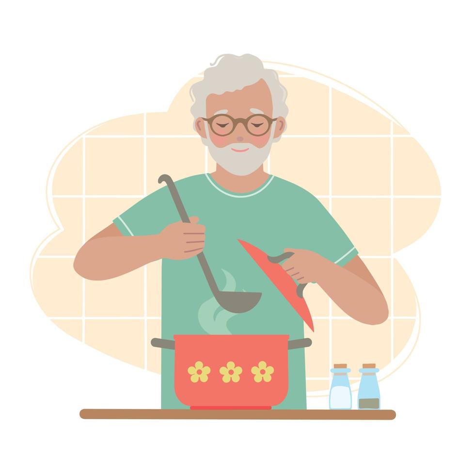 hombre en la cocina. el anciano hace sopa. concepto para una persona jubilada que se dedica a las tareas del hogar vector