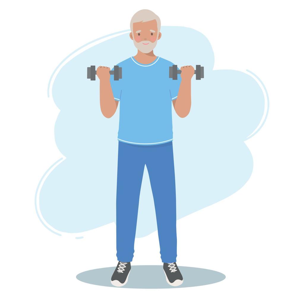 Elderly man in sports clothes holds dumbbells in his hands. Retired grandfather, a pension, and a healthy lifestyle vector