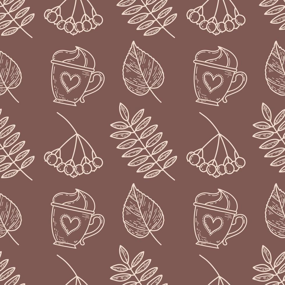 Seamless pattern on a brown background leaves and berries of mountain ash and a cup of coffee vector