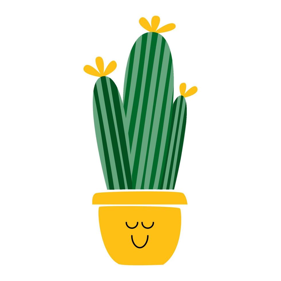 Vector illustration of cactus in flower pot. Succulent houseplant home gardening and decoration. Cacti smiling friendly character. For cards, social media, banners and printing on paper or textile.