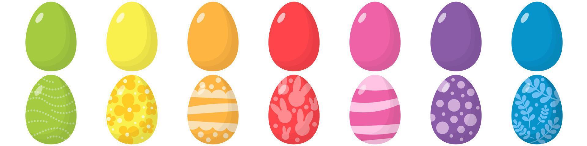 conjunto de huevos de pascua. comida tradicional para la celebración. paquete de elementos en forma de elipse. decoración de caza de pascua. colorido grupo de símbolos de pascua. aislado sobre fondo blanco. para promoción, impresión. vector