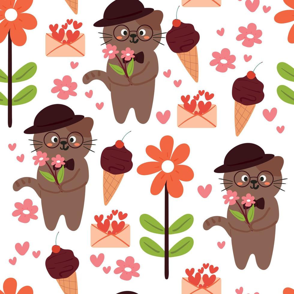seamless pattern hand drawing cartoon cat, flower, ice cream vector