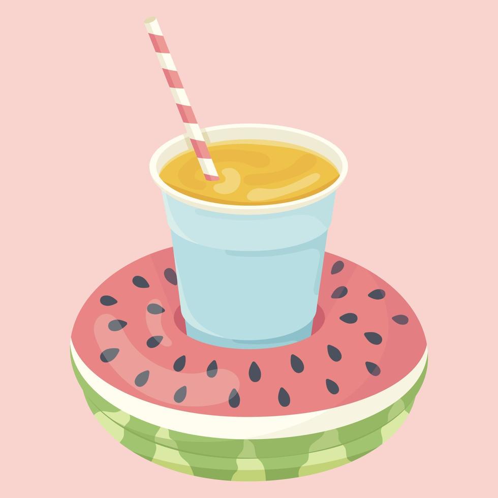 Watermelon Shaped Inflatable Mattress icon with cocktail for pool party, beach holiday and hotel vacation. Vector illustration.