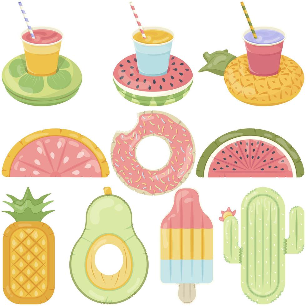 A set of inflatable mattress icons in various shapes for pool parties, beach holidays and hotel vacations vector