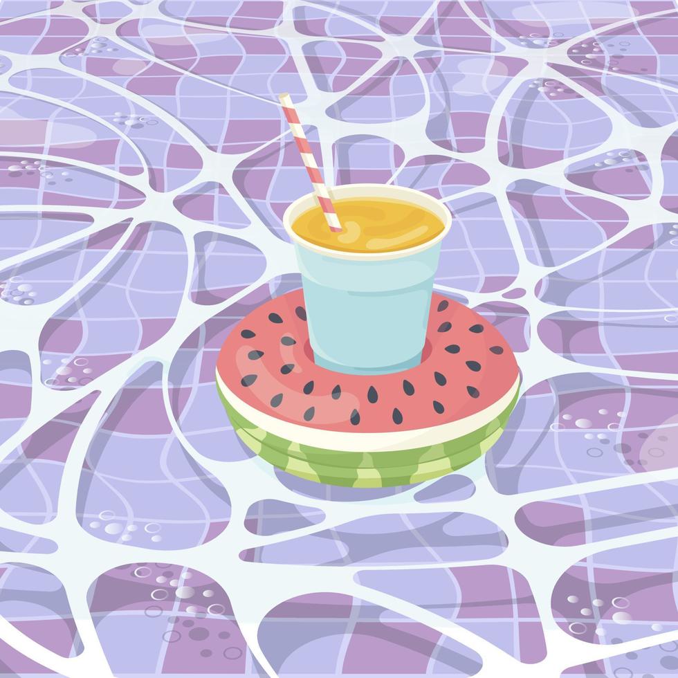 Inflatable mattress in the shape of a watermelon with cocktail in the pool, pool party, beach vacation, hotel vacation with inflatable toys vector