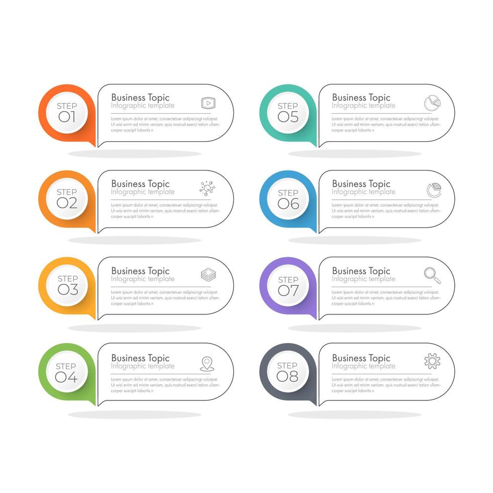 Modern infographics business design with 8 option concepts, parts, steps or processes can be used for workflow layout, diagram, number options, web design. infographic element. vector