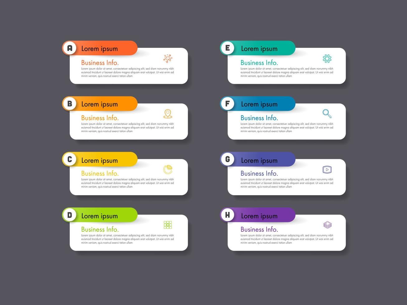 Modern infographics business design with 8 option concepts, parts, steps or processes can be used for workflow layout, diagram, number options, web design. infographic element. vector