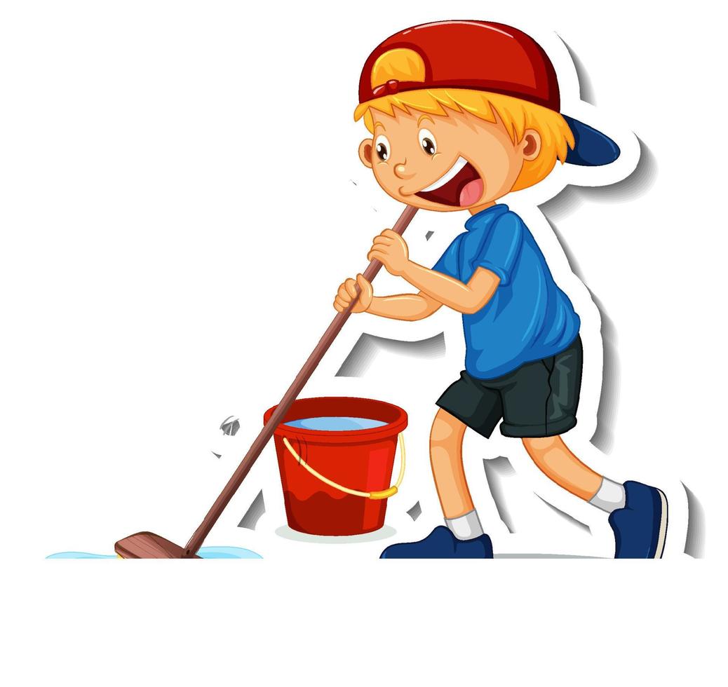 A boy cleaning cartoon character vector