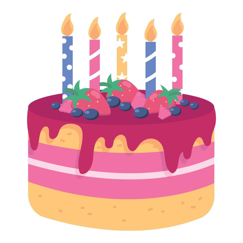 pastel de cumpleaños con crema blanca y rosa, frutas y bayas y velas de cumpleaños. ilustración de vector plano sobre un fondo blanco.