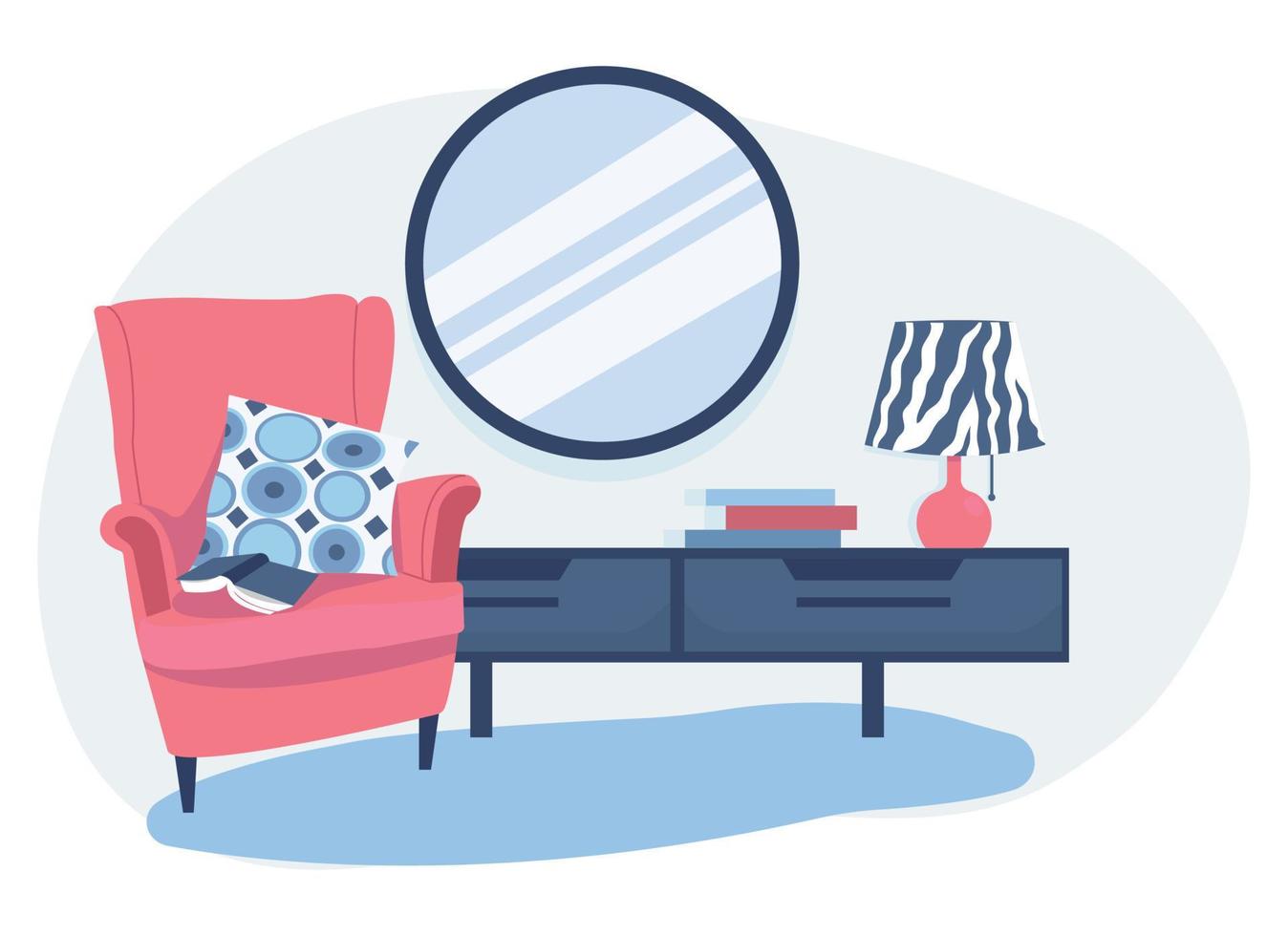 interior de dormitorio moderno. Rincón de dormitorio con sillón, cómoda y espejo. ilustración de vector plano sobre un fondo blanco.