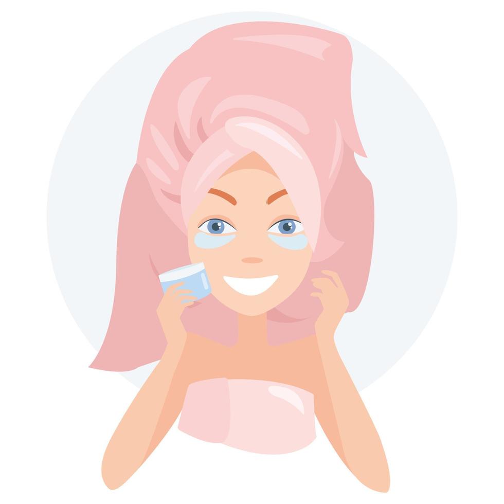 A woman makes a cosmetic treatment at home. Moisturizing patches under the eyes. Vector illustration on a white background.