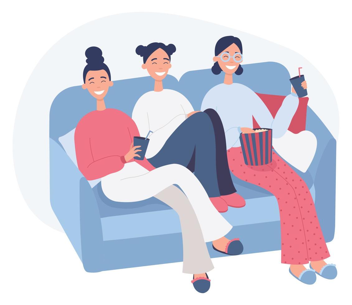 Teenage girls are sitting on the couch in their pajamas, eating popcorn and watching a movie. Pajama party concept. Flat vector illustration on a white background.