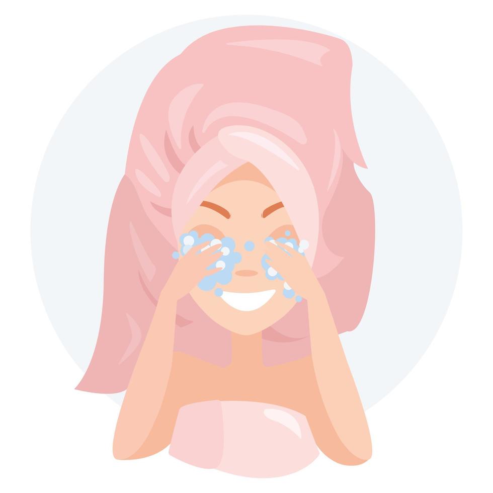 Girl is washing her face with water. Vector illustration on a white background.