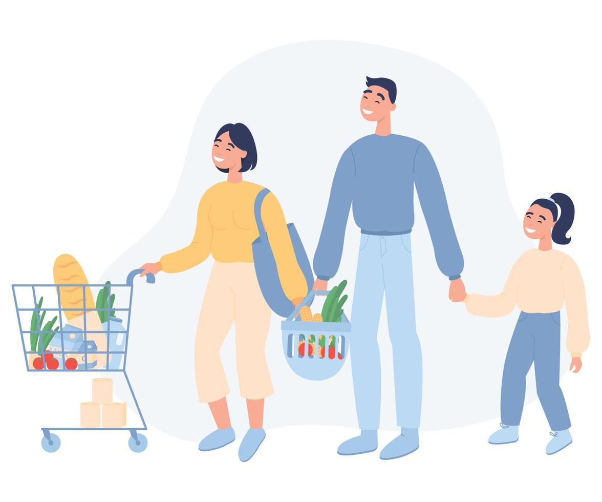 Flat vector illustration. Family buying groceries in shop.