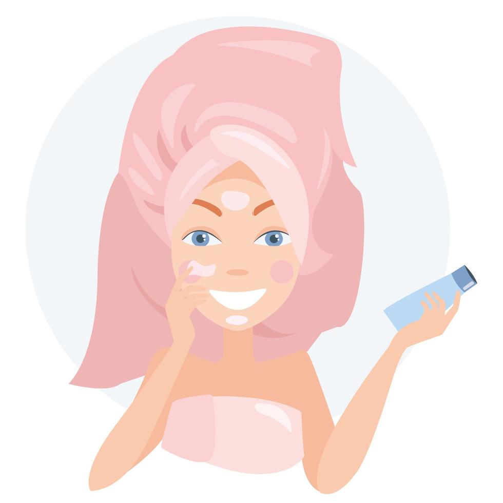 la chica cuida su piel. toca la cara. ilustración vectorial sobre un fondo blanco. vector