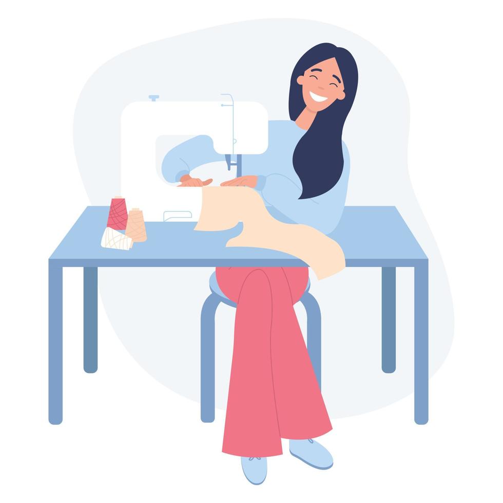 Cute lovely girl sitting at desk with sewing machine and enjoying her hobby. Flat vector illustration on a white background.