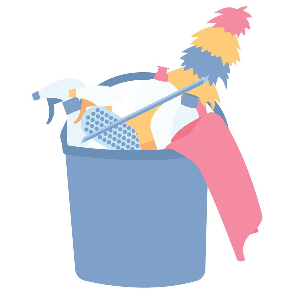 Plastic blue bucket full of cleaning products. Flat vector illustration on a white background.