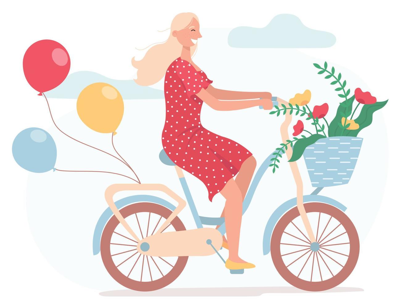 Funny smiling girl dressed in red dress riding bicycle with balloons and with wicker basket full of spring flowers. Cute happy young woman on bike. Flat vector illustration on a white background.