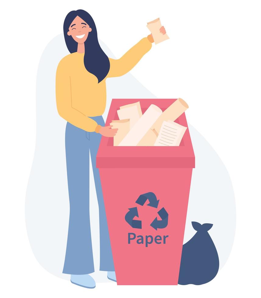 mujeres responsables de pie cerca del cubo de basura con papel. chica clasificando basura para reciclar. concepto de medio ambiente y ecología. ilustración de vector plano sobre un fondo blanco.