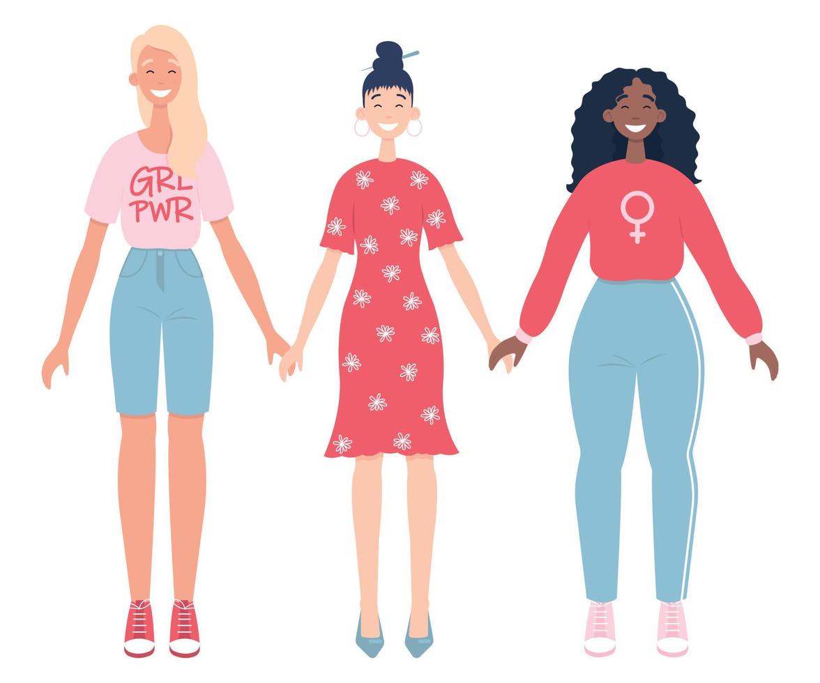 Women support each other. The concept of anti racism, the unity of different races,equality of women . African, Asian and European races. Flat vector illustration on a white background.