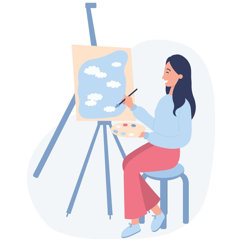 Woman artist painting the sky on canva. Girl holding palette and brush. Flat vector illustration on a white background.