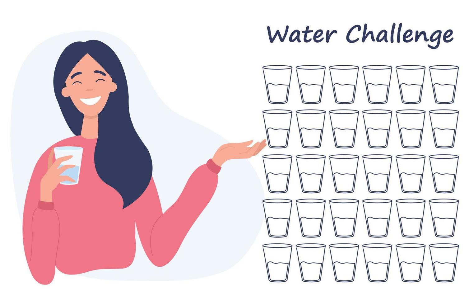 30 day water challenge. Young girl holds a glass of water. Flat vector illustration on a white background.