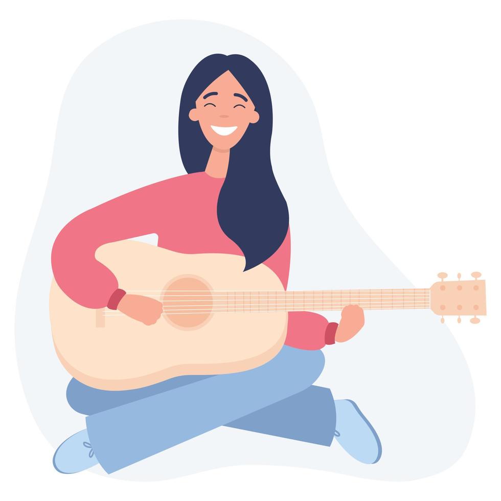 ilustración de una niña tocando una guitarra acústica. pasatiempo. ilustración de vector plano sobre un fondo blanco.